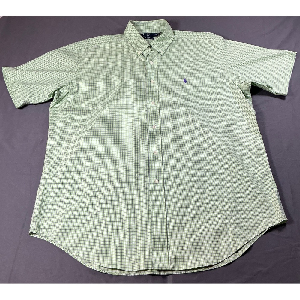 Ralph Lauren Mens Large Classic Fit Short Sleeve Button Down Green Check Shirt
